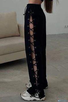 OrcaJump - Chic Streetwear: Womens Wide Leg Bottoms with Hollowed Out Patchwork and Cross Straps, Black Cross Straps, Long Pants, Wide Leg Trousers, Look Fashion, Wide Leg Pants, Retro Fashion, Short Dresses, High Waist, Wide Leg