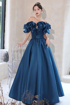 Blue Off the Shoulder A-line Satin Long Formal Dress Long Formal Dress, Flower Shorts, Short Homecoming Dress, Blue Satin, Long Prom Dress, Evening Dresses Long, Photo Colour, Flared Sleeves, Formal Dress