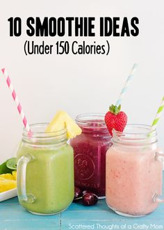 three mason jars filled with smoothies and fruit next to each other on a blue table