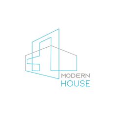 the modern house logo is shown in blue and white, as well as an image of a