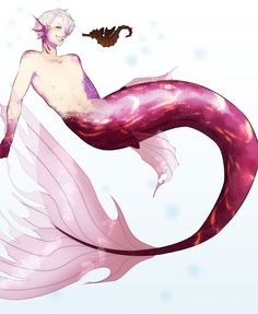 a pink mermaid with white hair holding a brown object in her hand and looking up at the sky