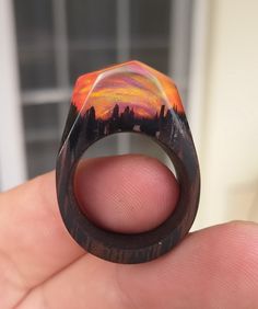 Unique Opal Ring With Inlay For Gift, Unique Hand Painted Rings, Luz Opal, Sunset Ring, Opal Resin, Wood Resin Necklace, Rings Opal, Mountain Ring, Sea Necklace