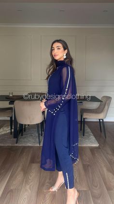 DUA Navy - 3 Piece Navy Chiffon Suit with Chiffon Dupatta and Pearls – Ruby Designs Arms Designs For Suits, Designer Suits For Women Indian, Suit Designs Indian Style Latest, Suit Designs Indian Style, Long Kurta Designs, Suits For Women Indian, Shirt Design For Girls, Chiffon Suit, Wedding Lehenga Designs