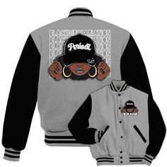 Brand Dunkare Black Wolf Grey 12s Varsity Jacket Custom Name Black Girl All Over Print Baseball Varsity Jacket Baseball Varsity Jacket, Black Wolf, Custom Name, Jacket Outfits, All Over Print, Varsity Jacket, Coats Jackets, Crop Top, Baseball