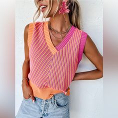 Stock Photo Shows Size Small ~ Oversized - L Will Fit An Xl Measurements Included In Photos Very Stretchy Great Summer Colors Pink And Orange Outfits, Beachy Crochet, 70s Christmas, Sweater Vest Jacket, Sleeveless Sweater Vest, Boho Bridesmaid, Crochet Maxi, Night Wedding, Dress Birthday