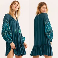 Nwt Free People Mix It Up Tunic || Jade. Beautiful Tunic Top That Can Be Worn As A Shirt With Jeans Under Or A Dress. Fall Rayon Boho Dress With V-neck, Fall V-neck Boho Dress In Rayon, Fall Boho V-neck Dress In Rayon, Green Long Sleeve Boho Dress, Green Boho V-neck Dress For Brunch, Green V-neck Boho Dress For Brunch, Orange Tunic Dress, Free People Sequin Dress, Embroidery And Beads