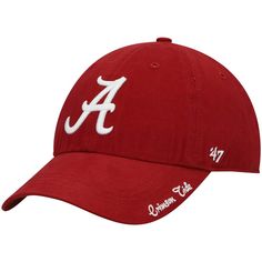 Designed by '47, this Miata Clean Up hat is ready to help you cheer on your Alabama Crimson Tide. It features bold embroidery of the team's logo across the front panels with small lettering on the left side of the brim. This cap also includes an adjustable strap with a snap button to ensure a comfy fit as you rep your Alabama Crimson Tide. Curved Bill Hat With Team Logo For Sports Event, Curved Brim Hats With Team Logo For Fan Gear, Fan Gear Hats With Team Logo And Curved Brim, Curved Visor Hats For Sports Fans, Curved Brim Hats With Team Logo For Game Day, Team-colored Curved Brim Hat For Fans, Curved Brim Hats With Team Logo For Fans, Sports Fan Baseball Cap With Curved Brim, Team-colored Hat With Curved Brim For Fans