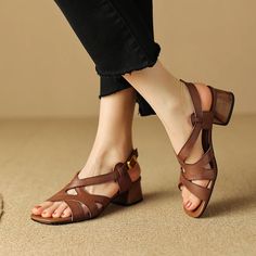 LBSFY - Summer Women Shoes Square Toe Chunky Heel Women Sandals High Heels Ladies Shoes Casual Leather Shoes Women Genuine Leather Summer Women Shoes, Leather Shoes Women, Sandals High Heels, Chunky Heel Sandals, Casual Leather Shoes, Womens Chunky Heels, Heel Design, Chunky Heels Sandals, Comfortable Heels