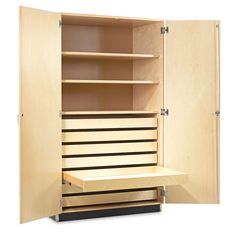 an open cabinet with drawers and shelves in it