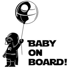 a black and white image of a person holding a balloon with the words baby on board