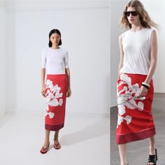 Zara Woman Collection Midi Skirt With A Mid Waist Made With Linen. Contrasting Floral Print. Back Slit At Hem. Side Hidden In-Seam Zip Closure. Garments With Graphic Motifs And Bright Colors Take Center Stage For This Season. This Straight Skirt Offers A Contemporary Take On Floral Prints With A Side Pattern Applied To A Soft Linen Fabric. Red / White | 2394/161 Outer Shell 53% Linen 47% Cotton Lining 100% Polyester Ripped Denim Skirts, Knotted Skirt, Zara Midi Skirt, Red Maxi Skirt, Skirt Inspiration, Red Pencil Skirt, Beaded Skirt, Lace Midi Skirt, Fabric Red