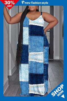 Blue Casual Print Backless Spaghetti Strap Long Dress Plus Size Dresses Blue Non-stretch Spaghetti Strap Dress, Trendy Blue Maxi Dress For Day Out, Trendy Non-stretch Blue Dress, Trendy Blue Spaghetti Strap Dress, Trendy Blue Dress With Spaghetti Straps, Trendy Blue Sleeveless Dress, Trendy Spaghetti Strap Dress, Trendy Blue Maxi Dress, Blue Spaghetti Straps Maxi Dress For Day Out