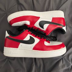 Worn Lightly Nike Custom Sneakers With Contrast Sole, Nike Custom Sneakers With Red Sole, Nike Air Force 1 Low-top Leather With Red Sole, Shoes Customized, Air Force 1s, Nike Red, Men's Nike, Mens Shoes Sneakers, Nike Men