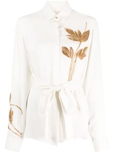 off-white/gold-tone silk floral embroidery straight-point collar concealed front button fastening long sleeves buttoned cuffs tied waist straight hem Gold Embroidered Dress, Ellie Saab, Nyc Fashion, Satin Top, Exclusive Fashion, Elie Saab, Embroidered Silk, Silk Shirt, Embroidered Dress