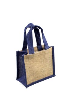 a small blue and tan bag on a white background with clippings to the side