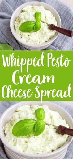 whipped pesto cream cheese spread in two white bowls with basil leaves on top