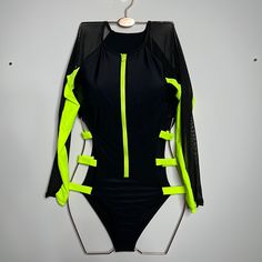 Shein Small Black And Lime Green Swimsuit With Zipper Closure. Nwot Has Sanitary Liner Black Long Sleeve Bodysuit With Zipper, Black Long Sleeve Bodysuit With Zipper Closure, Black Stretch Swimwear With Zipper, Black Bodysuit With Zipper For Party, Black Bodysuit With Zipper Closure, Black Party Bodysuit With Zipper Closure, Black Zipper Closure Swimwear For Beach, Black Stretch Swimwear For Club, Black Long Sleeve Swimwear For Party