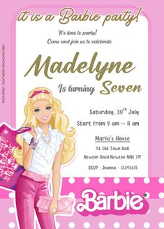 a barbie doll birthday party with pink and white polka dots on the border, it's time to be called madelyne is turning seven