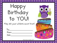 a birthday card with an owl sitting on top of a stack of cakes and the words, happy birthday to you