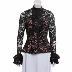 Gorgeous Peplum Lace Top Dramatic Ruffle Cuff Details Partial Lining Satin Trims On Mandarin-Style Collar And Front Button Closure New Without Tags No Flaws, No Odors Approx Measurements: Pit To Pit: 17-1/2” Length: 21” Sleeves: 25” Designer Evening Tops With Ruffles, Designer Ruffle Tops For Evening, Designer Ruffled Tops For Evening, Designer Fitted Evening Blouse, Feminine Party Tops With Lace Cuffs, Black Party Tops With Lace Cuffs, Designer Fitted Evening Tops, Black Tops With Lace Cuffs For Spring, Designer Ruffled Top For Party