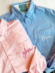 The perfect button down shirt for your coastal wedding vibe! These Unisex/Mens Fit Button Down Oxford shirts are perfect to keep you cool and looking fantastic while you ship champagne and have hair and makeup done. With a monogram option, these shirts will be a favorite wardrobe staple for years to come. Each button down can be personalized with embroidery on the upper left chest pocket with your choice of phrase or monogram. *Please note that the pocket will be sewn shut for the largest possib Summer Wedding Cotton Shirt, Monogrammed Cuff, Oxford Shirts, Coastal Wedding, Embroidered Wedding, Custom Buttons, Oxford Shirt, Daughter Love, Button Up Shirt