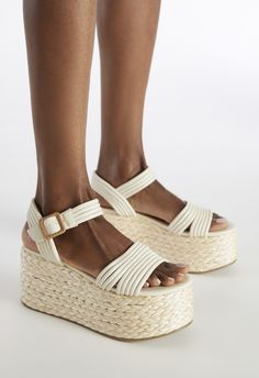 Birdie Platform Sandal in Birch White - Get great deals at JustFab Spring Beach Wedge Sandals In Faux Leather, Trendy Faux Leather Wedge Sandals For Spring, Summer Faux Leather Wedge Sandals With Buckle, Summer Faux Leather Wedge Sandals With Buckle Closure, Wide Width Boots, Platform Espadrille Sandals, Sandals Wedge, Fashion Shoes Sandals, Perfect Denim