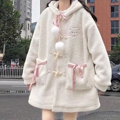 Harajuku Style Cotton Outerwear With Pockets, Cute Oversized Hoodie Outerwear, Harajuku Style Cotton Hoodie Outerwear, Cute Beige Long Sleeve Outerwear, Cute Long Sleeve Beige Outerwear, White Kawaii Outerwear For Winter, Oversized Harajuku Long Sleeve Outerwear, Kawaii Cotton Hoodie For Winter, Winter Kawaii Cotton Hoodie