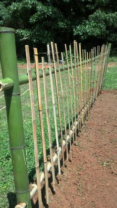 a bamboo fence is lined up in the grass and ready to be used as a planter