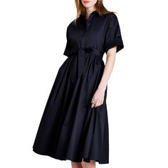 The Montauk Cotton Poplin Midi-Dress From Kate Spade New York Features A Button-Front Placket With A Shirt Collar And Rolled Cuffs. Shirt Collar Short Sleeves Button-Front Placket Pullover Style Side On-Seam Pockets Removable Self-Tie Belt 97% Cotton/3% Elastane Machine Wash Imported **There Is No Belt This With Dress** Summer Evening Button-up Shirt Dress, Summer Evening Button-up Dress, Elegant Black Shirt Dress For Daywear, Elegant Casual Pleated Shirt Dress, Black Collared Pleated Dress, Elegant Pleated Shirt Dress For Casual Occasions, Black Pleated Collared Dress, Elegant Black Short Sleeve Shirt Dress, Black Button-up Semi-formal Dress