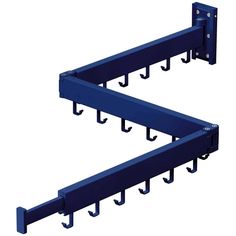 two blue metal brackets with hooks attached to each other on a white background for storage