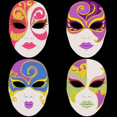 four masks with different colors and designs on them