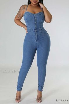 Lasaky - Stylish Sky Blue Solid Spaghetti Strap Sleeveless Denim Jumpsuit with a Flattering Backless Design and Sleek Skinny Fit Denim Jumpsuits, Button Jeans, Jumpsuit Fitted, Rompers Dressy, Sleeveless Suit, Short Sleeve Jumpsuits, Jumpsuit Online, Fashion Gallery, Denim Jumpsuit