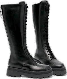 Leather Lace-up Boots With Lug Sole, Knee-high, Leather Knee-high Lace-up Boots, Knee-high Leather Combat Boots With Lug Sole, Leather Knee-high Boots With Lace-up Fastening For Fall, Black Knee-high Boots With Front Lace-up Fastening, Leather Black Boots, Leather Boots Black, Lug Sole, Black Leather Boots