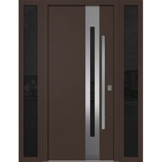 the front door is brown and has two glass panels on each side, with a metal handle