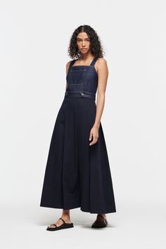 Denim and cotton contrast fabric Back zip entry Midi length Square neck Contrast top-stitching Dress With Square Neck, Timeless Fashion Pieces, Contrast Top, Denim Midi Dress, Autumn Winter Collection, Denim Outerwear, Linen Midi Dress, Conscious Fashion, Denim Details