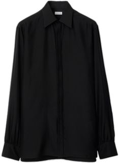 Sleek Long Sleeve Shirt With Concealed Placket, Black Blouse With Lapel Collar And Button Cuffs, Classic Black Blouse With Concealed Placket, Formal Black Shirt With Concealed Placket, Elegant Black Shirt With Concealed Placket, Luxury Black Long Sleeve Blouse, Silk Long Sleeve Shirt With Concealed Placket, Formal Black Shirt With Covered Buttons, Silk Shirt With Hidden Button Closure