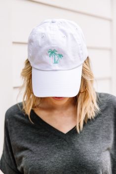 palm embroidered hat White Beachy Hat With Curved Brim, White Beachy Sun Hat One Size Fits Most, Spring Vacation Cotton Baseball Cap, White Summer Snapback Baseball Cap, Trendy White Baseball Cap For Beach, White Cotton Summer Sun Hat, White Beachy Hat, One Size Fits Most, White Adjustable Summer Baseball Cap, Trendy White Baseball Cap For The Beach