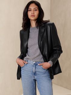 Shop All Women's Clothing | Banana Republic Factory Black Leather Blazer Outfit, Leather Blazer Outfit, Camel Blazer, Faux Leather Blazer, Black Leather Blazer, Black Leather Moto Jacket, Leather Blazer Jacket, Blazer Outfit, Vegan Leather Jacket