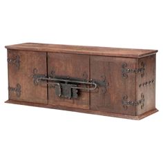 an old wooden chest with metal latches on the front and side doors, isolated against a white background