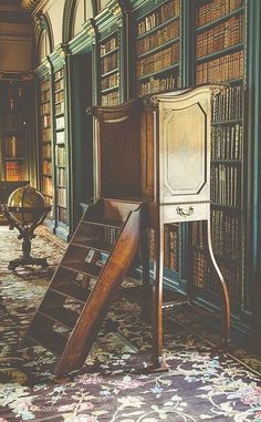 an old chair sitting in front of a book shelf filled with books next to a slide