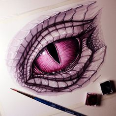 a drawing of an eye with purple eyeshade and some watercolor pencils