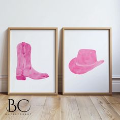 two framed art prints with pink cowboy boots and a pink hat on the left side