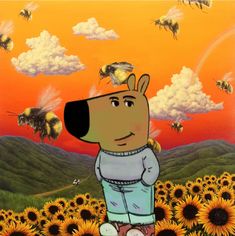 a painting of a dog standing in front of a field of sunflowers and bees