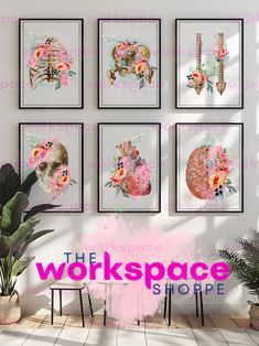 the workspace shoppe is full of art and decor, including paintings on the wall