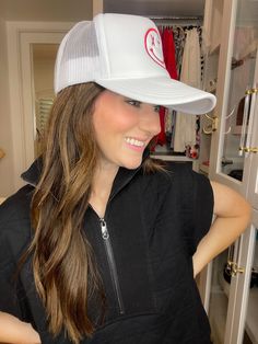 Cool, casual, and a pop of red! This adorable baseball hat is a stylish way to add a little color to your look. Add to your fave casual looks or to a dress for an on-trend look that you'll love! Otto brand snapback trucker hat. ALL SALES FINAL. Everyday Trendy Snapback Trucker Hat, Everyday Trucker Hat With Curved Bill, White Snapback Hat With Flat Brim, White Snapback Hat With Flat Brim For Everyday, Trendy Everyday Snapback Hat One Size Fits Most, Sporty Snapback Trucker Hat, Trendy Everyday Snapback Hat One Size, White Flat Brim Snapback Hat For Everyday, Everyday White Trucker Hat With Curved Bill