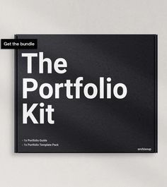 the portfolio kit is on display in front of a white background with black lettering and an orange