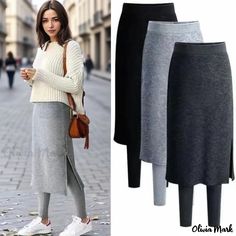 Olivia Mark - Premium High-Waisted Legging Skirt with Added Fluff - Ideal for Layering Basic Leggings, Plus Size Winter, Hip Style, Fleece Leggings, Winter Leggings, Autumn Clothes, Ankle Length Pants, Polyester Dress, Slim Fit Pants