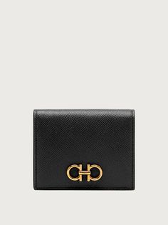 Gancini compact wallet - Leather accessories - Women - Salvatore Ferragamo US Grainy Texture, Compact Wallet, Silver Jewelry Fashion, Black Wallet, Belt Accessories, Mens Fragrance, Leather Accessories, Snap Button, Salvatore Ferragamo