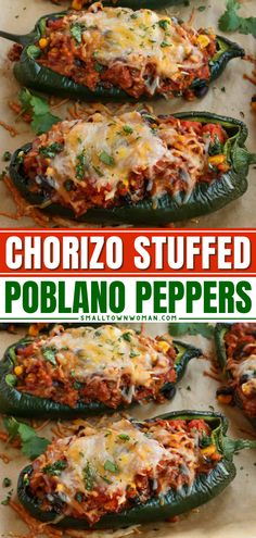 Learn how to make Stuffed Poblano Peppers! In just a few steps, you can have an easy meal with ground beef or chorizo, rice, corn, black beans, and more. Save this stuffed pepper recipe! Chorizo Stuffed Bell Peppers, Stuffed Poblano Peppers With Chorizo, Spicy Poblano Beef Bowl, Chorizo Stuffed Poblano Pepper Recipes, Polenta Stuffed Peppers, Stuffed Marconi Peppers Recipes, Stuffed Pasilla Peppers, Grilled Stuffed Poblano Peppers, Stuff Poblano Pepper Recipes