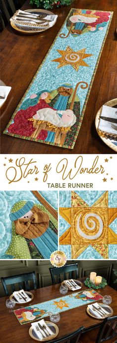 Celebrate Christmas with the Star of Wonder Table Runner designed by Nancy Halvorsen featuring richly colored fabrics from her beautiful Star of Wonder - Star of Light collection. This runner illustrates a lovely vision of the Nativity with darling laser cut applique versions of Jesus, Mary, and Joseph adorning each side of the runner with a shining star at the center and exciting embellishments like Joseph's dimensional mustache and Lori Holt's Chunky Thread for the hay.